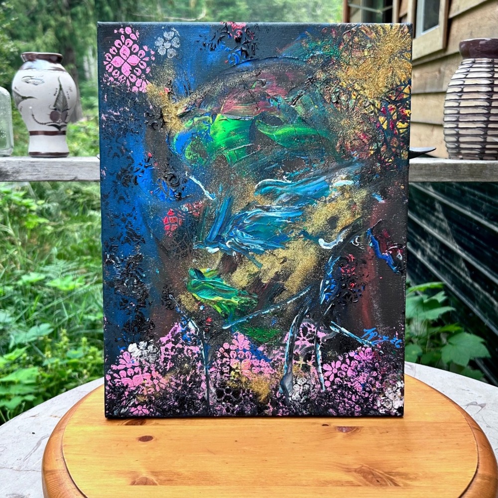 Original Abstract Oil Painting Canvas 11x14 Deep Blue Gold Foil Pink Celestial